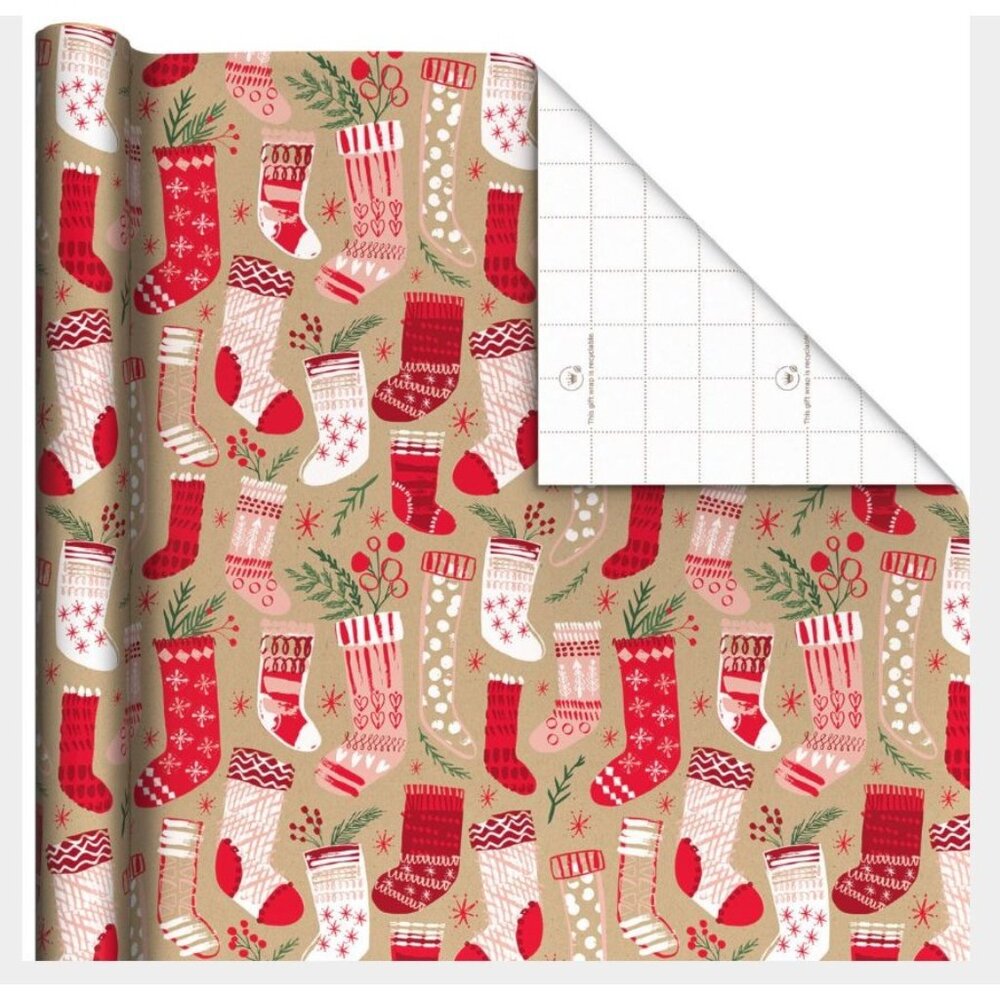 Hallmark Wrapping Paper Christmas Stockings on Kraft 90 sq ft Jumbo Roll Holiday
